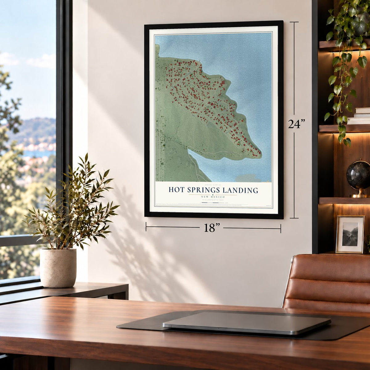 Hot Springs Landing, New Mexico map, 18 x 24 inch print in a black frame in a home office