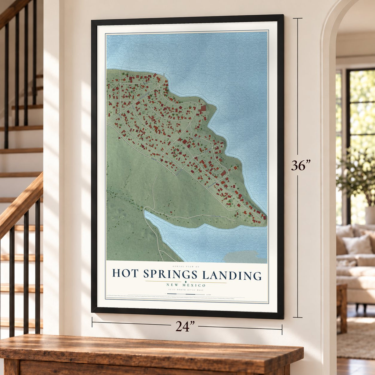 Hot Springs Landing, New Mexico map, 24 x 36 inch print in a black frame by a staircase