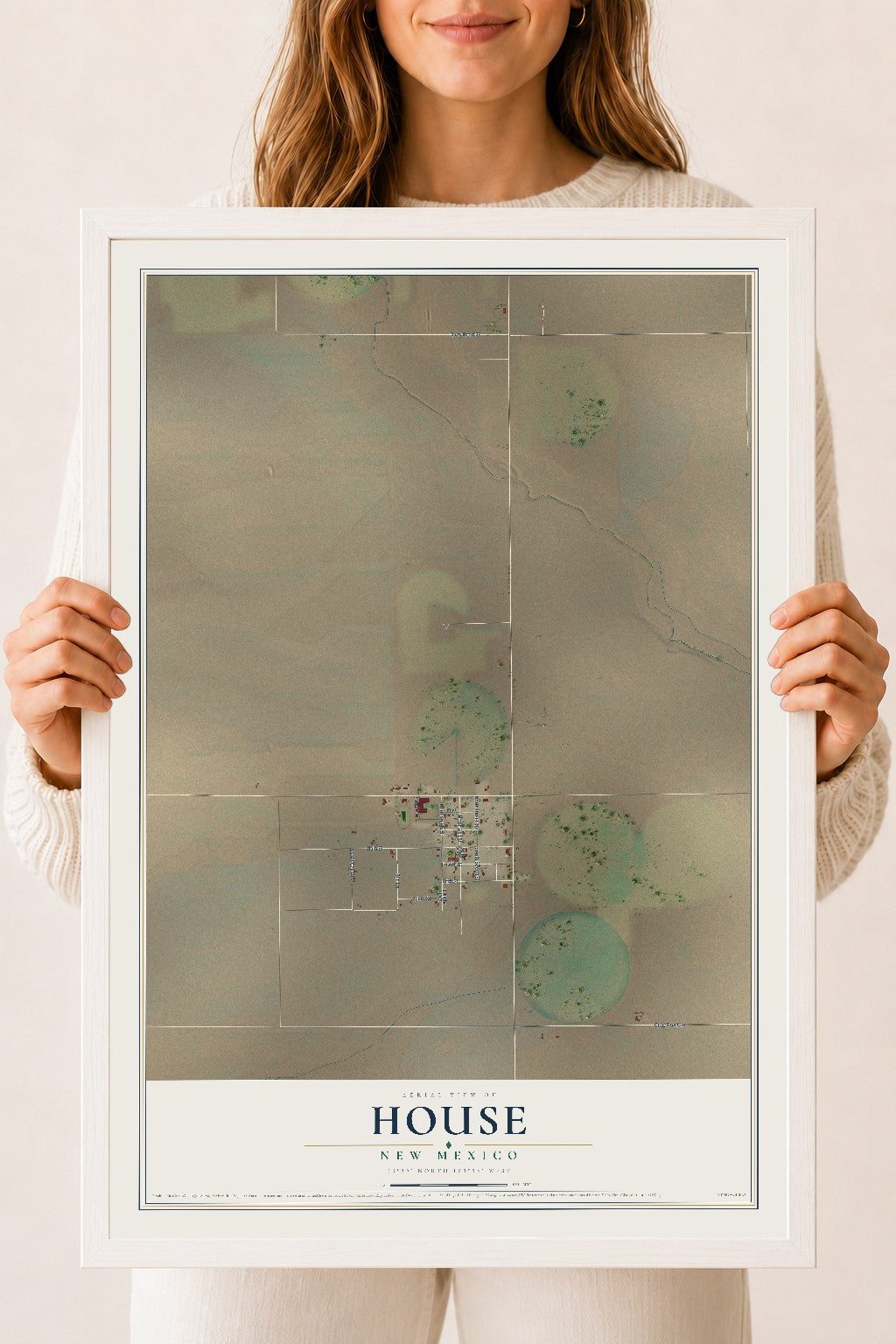 Map of House, New Mexico, 18 x 24 inch print in a white wood frame