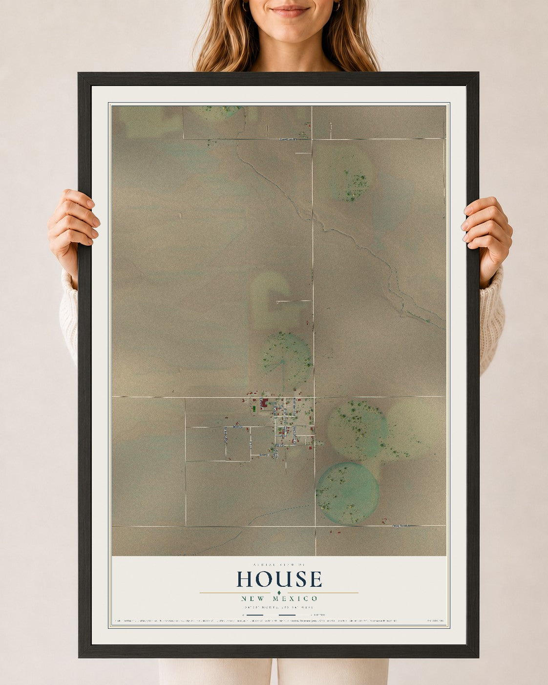 Map of House, New Mexico, 24 x 36 inch print in a black wood frame