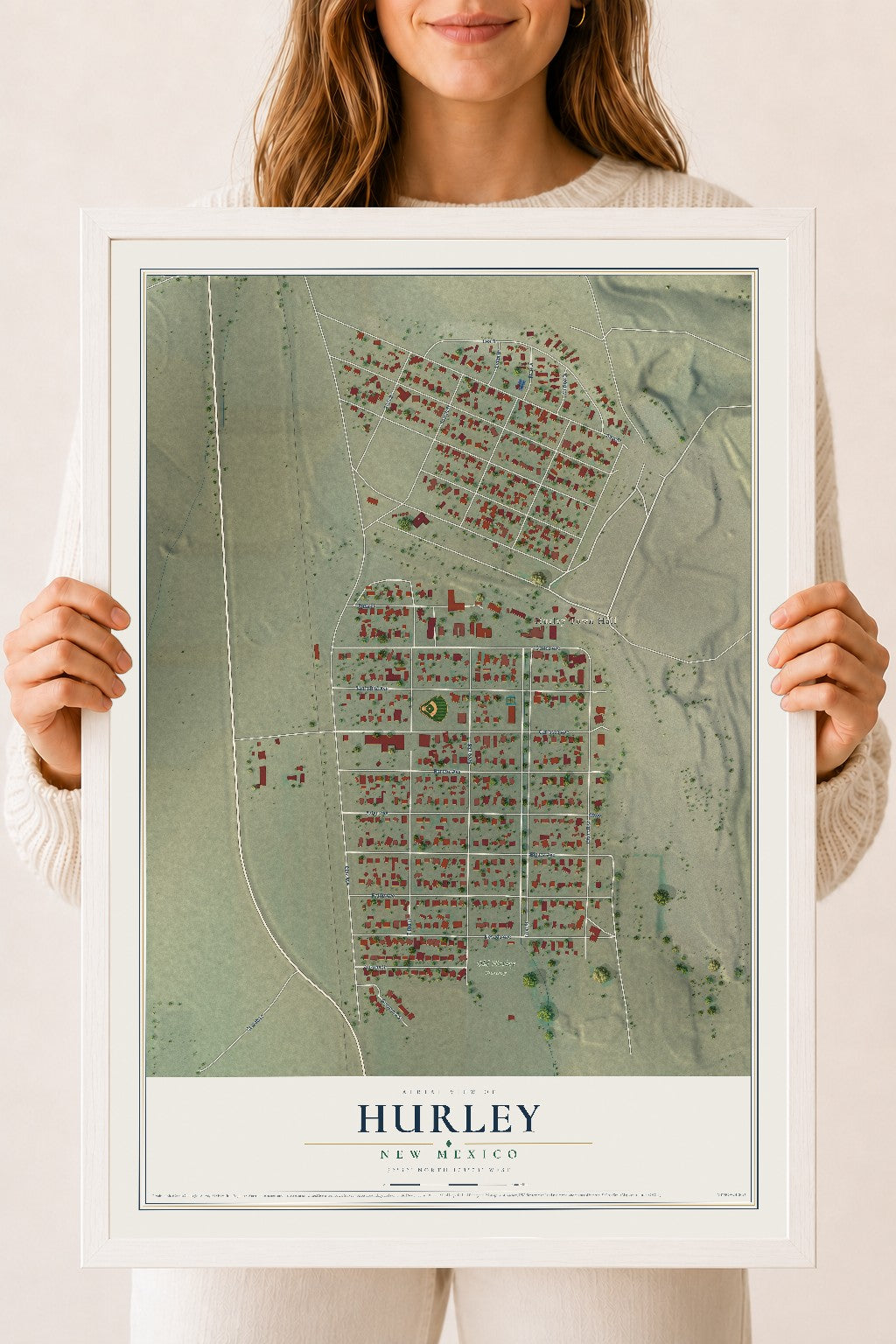 Map of Hurley, New Mexico, 18 x 24 inch print in a white wood frame