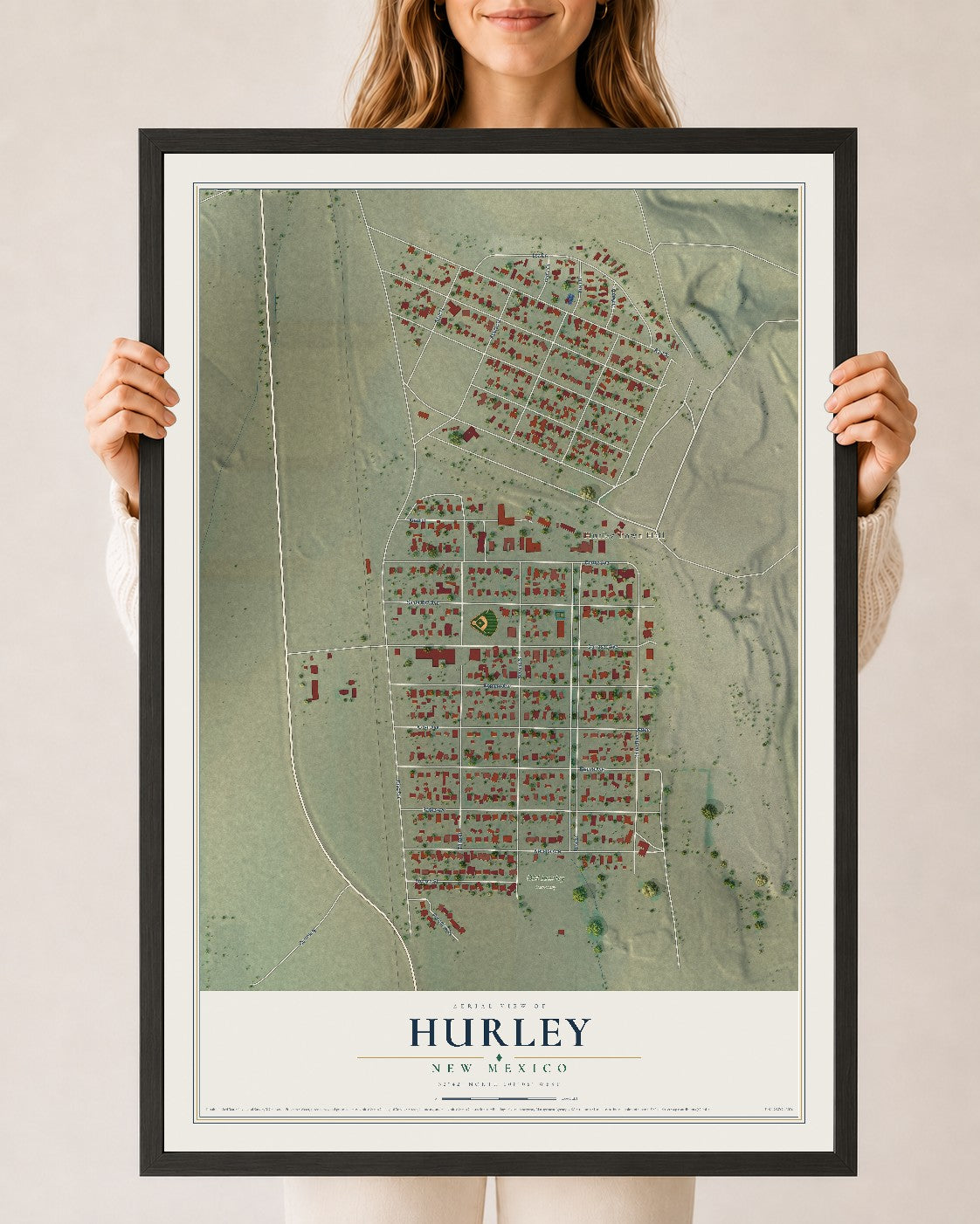 Map of Hurley, New Mexico, 24 x 36 inch print in a black wood frame