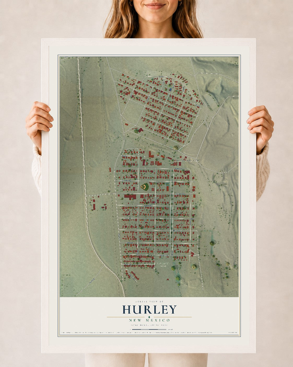 Map of Hurley, New Mexico, 24 x 36 inch print in a white wood frame
