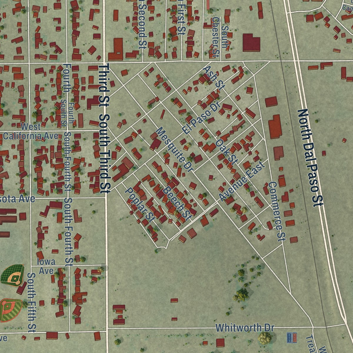 Close-up of the map of Jal, New Mexico print showing street and building detail
