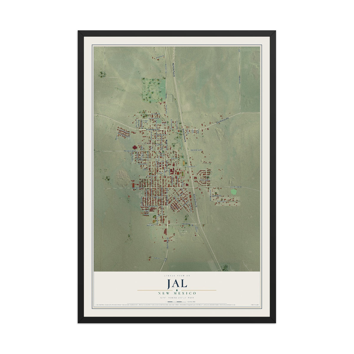 Map of Jal, New Mexico, 12 x 18 inch print in a black wood frame