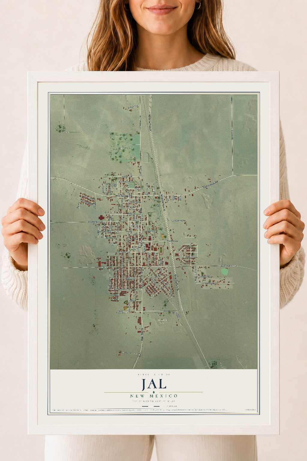 Map of Jal, New Mexico, 18 x 24 inch print in a white wood frame