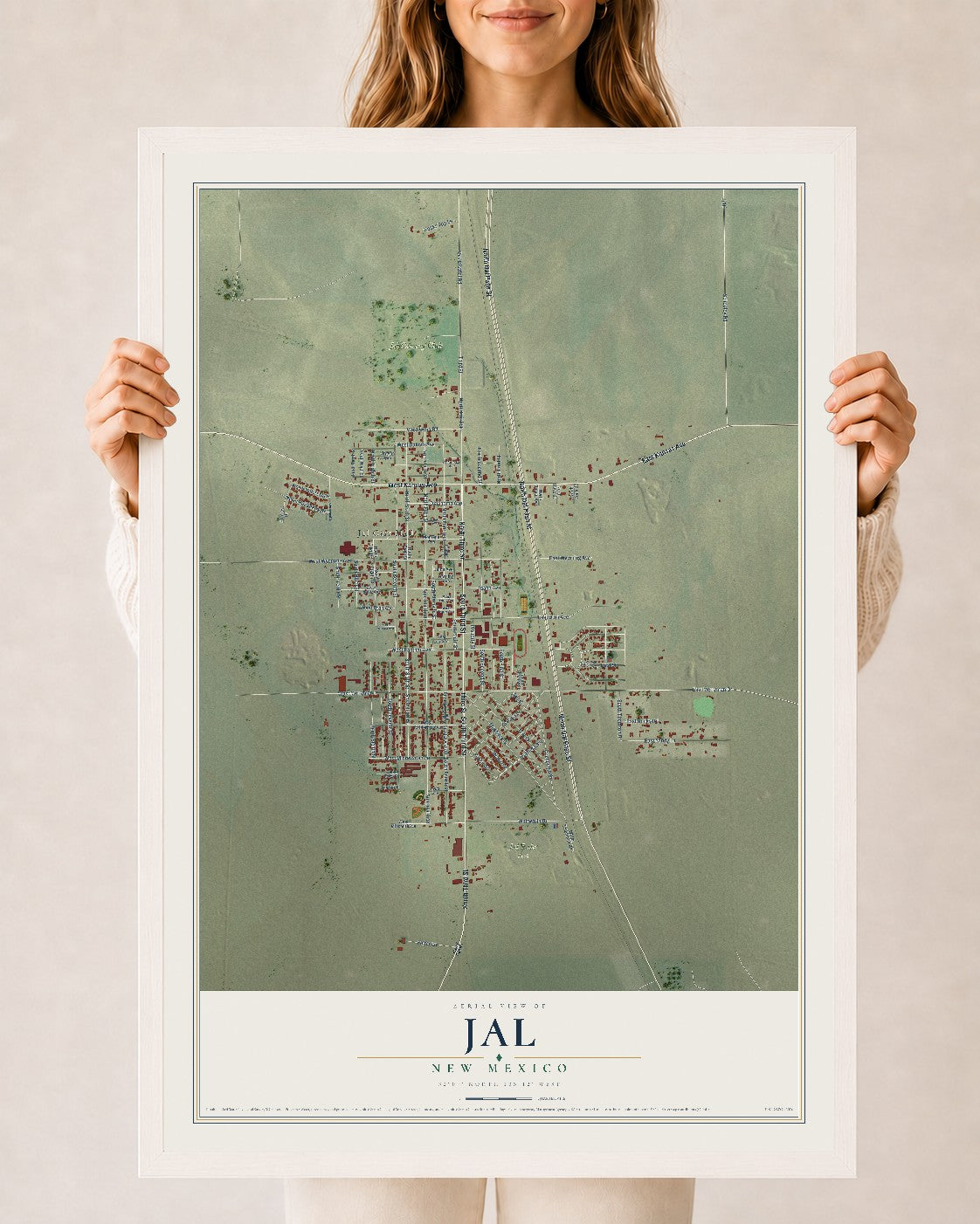 Map of Jal, New Mexico, 24 x 36 inch print in a white wood frame