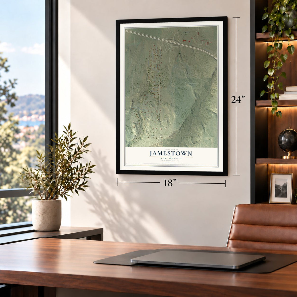 Jamestown, New Mexico map, 18 x 24 inch print in a black frame in a home office