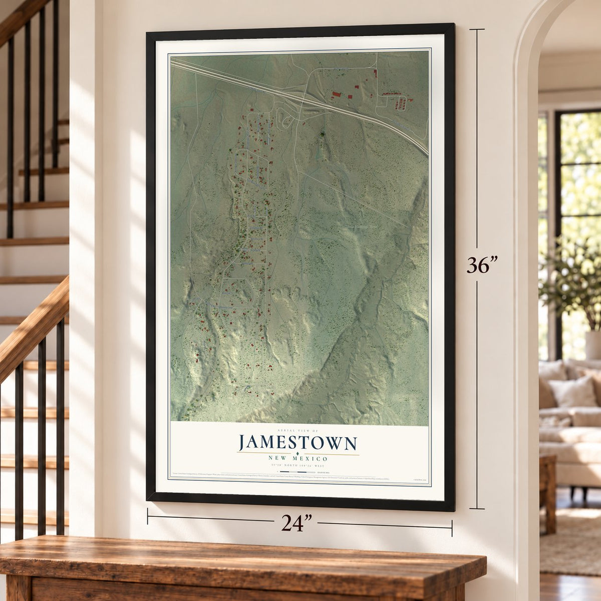 Jamestown, New Mexico map, 24 x 36 inch print in a black frame by a staircase