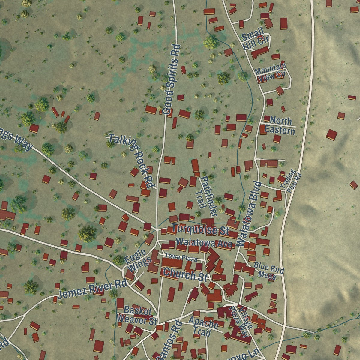 Close-up of the map of Jemez Pueblo, New Mexico print showing street and building detail