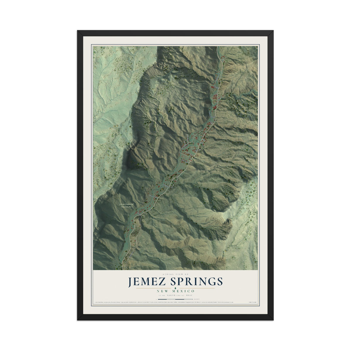 Map of Jemez Springs, New Mexico, 12 x 18 inch print in a black wood frame