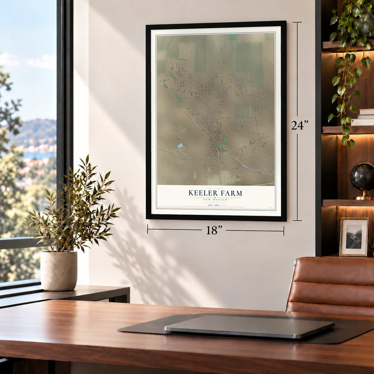 Keeler Farm, New Mexico map, 18 x 24 inch print in a black frame in a home office