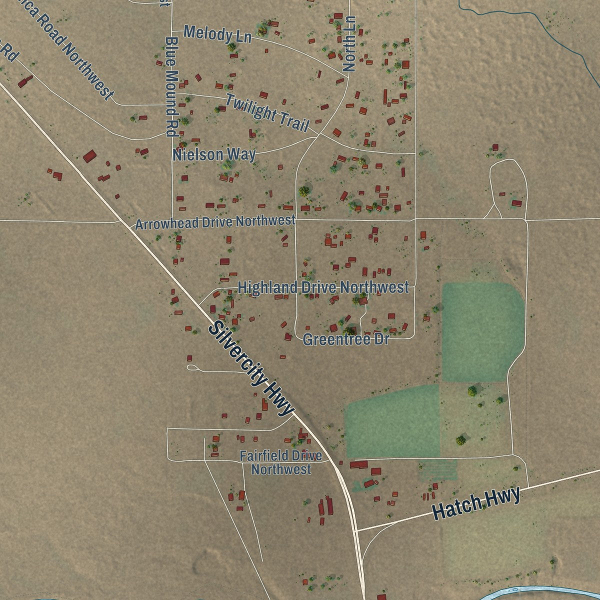 Close-up of the map of Keeler Farm, New Mexico print showing street and building detail