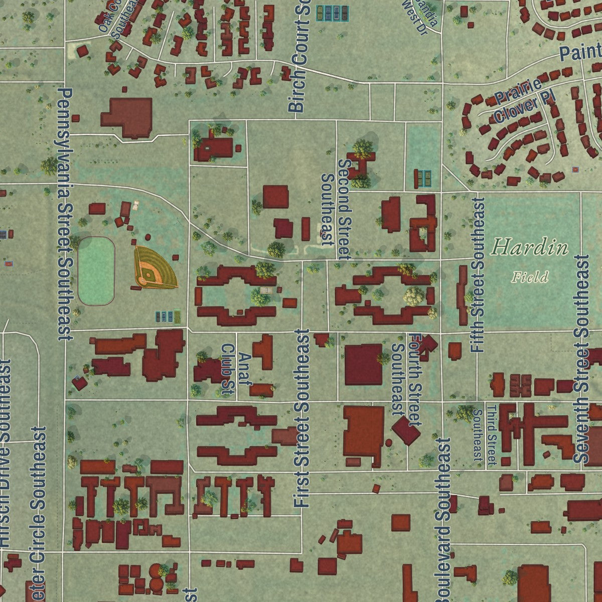 Close-up of the map of Kirtland AFB, New Mexico print showing street and building detail