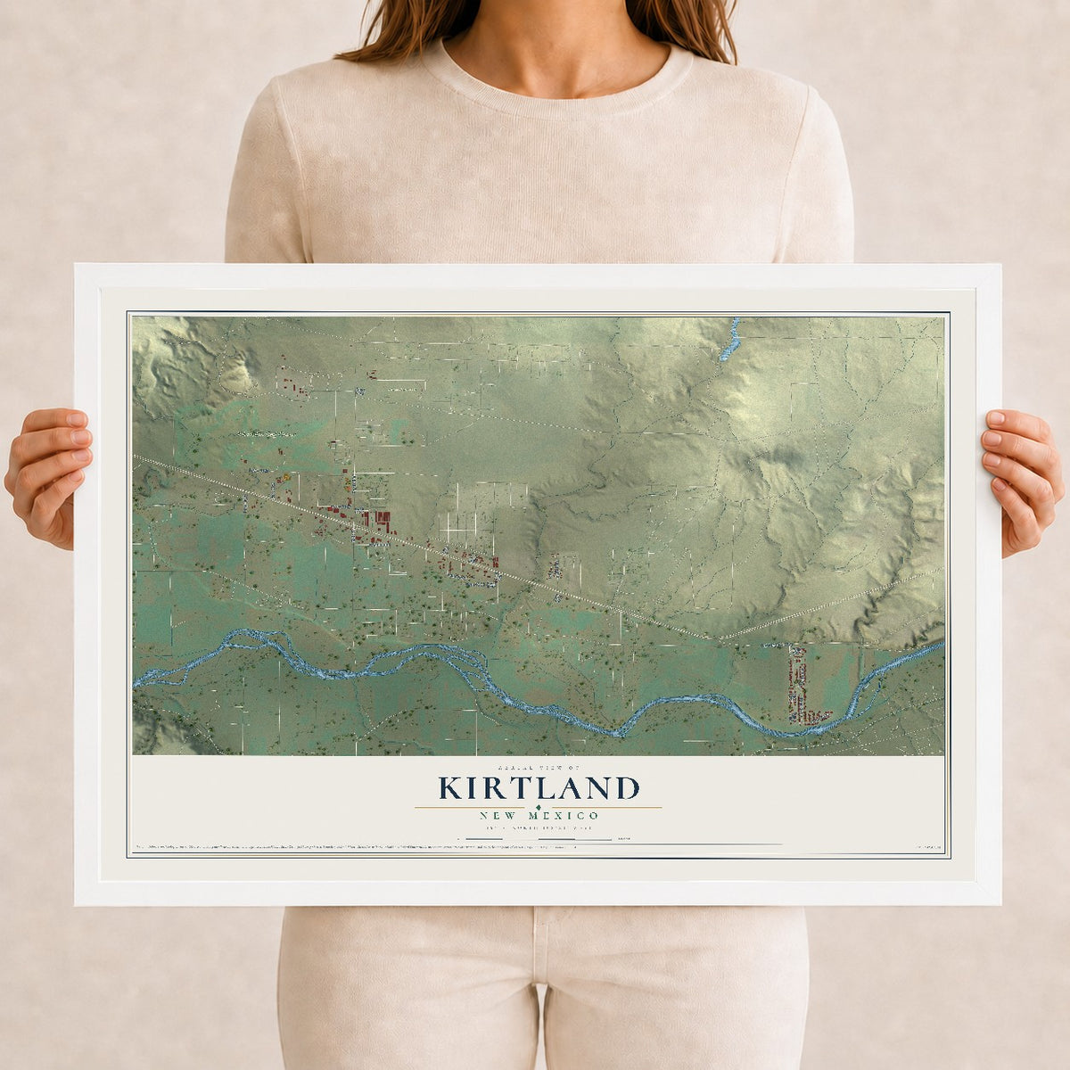Map of Kirtland, New Mexico, 12 x 18 inch print in a white wood frame