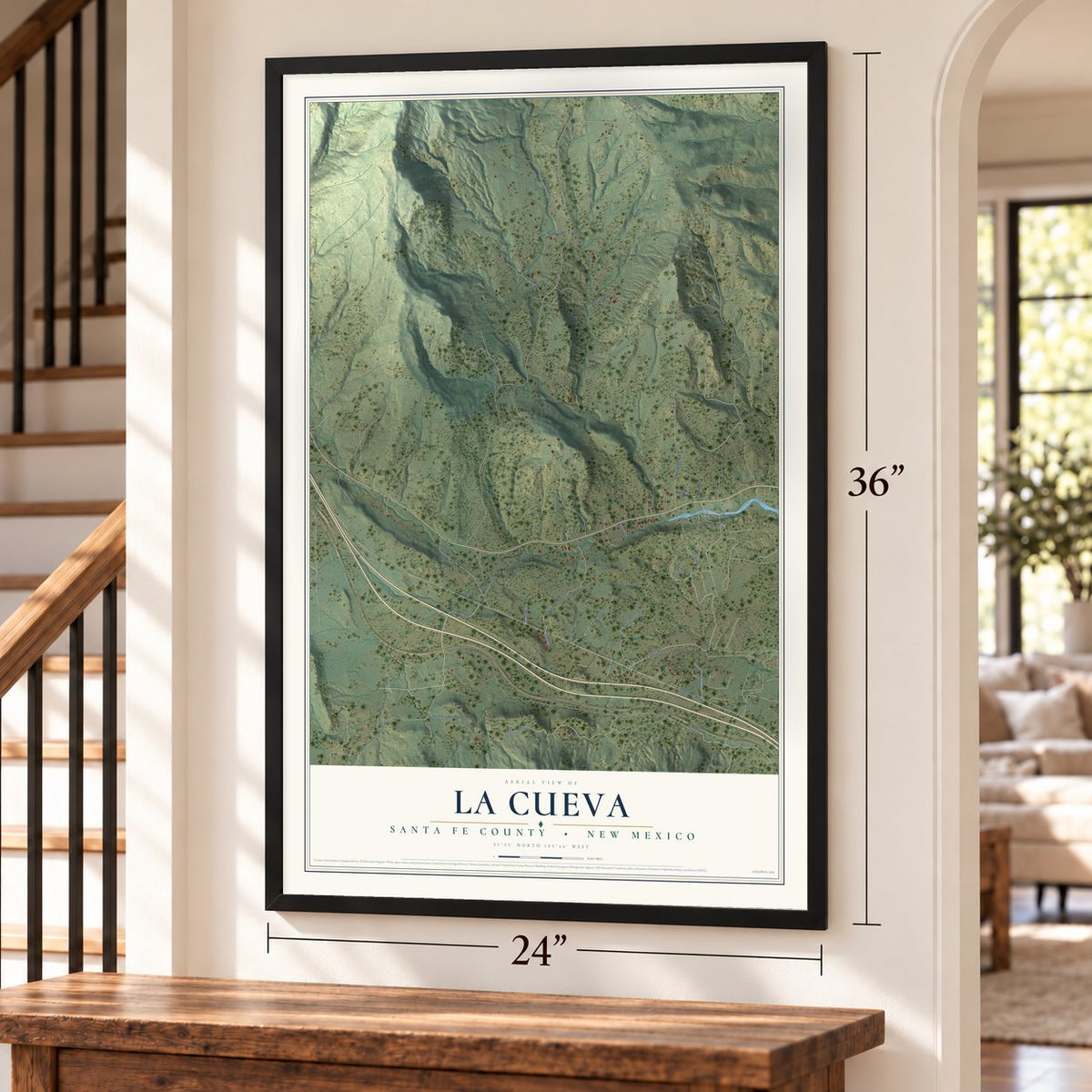 La Cueva, Santa Fe County, New Mexico map, 24 x 36 inch print in a black frame by a staircase