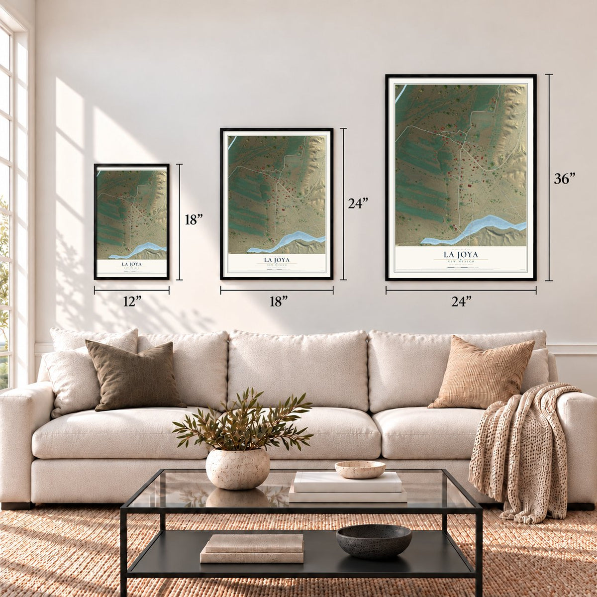La Joya, New Mexico map in 12 x 18, 18 x 24 and 24 x 36 inch sizes above a sofa