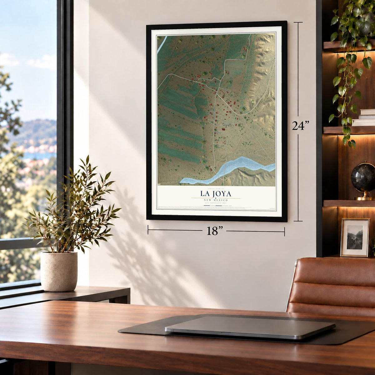 La Joya, New Mexico map, 18 x 24 inch print in a black frame in a home office