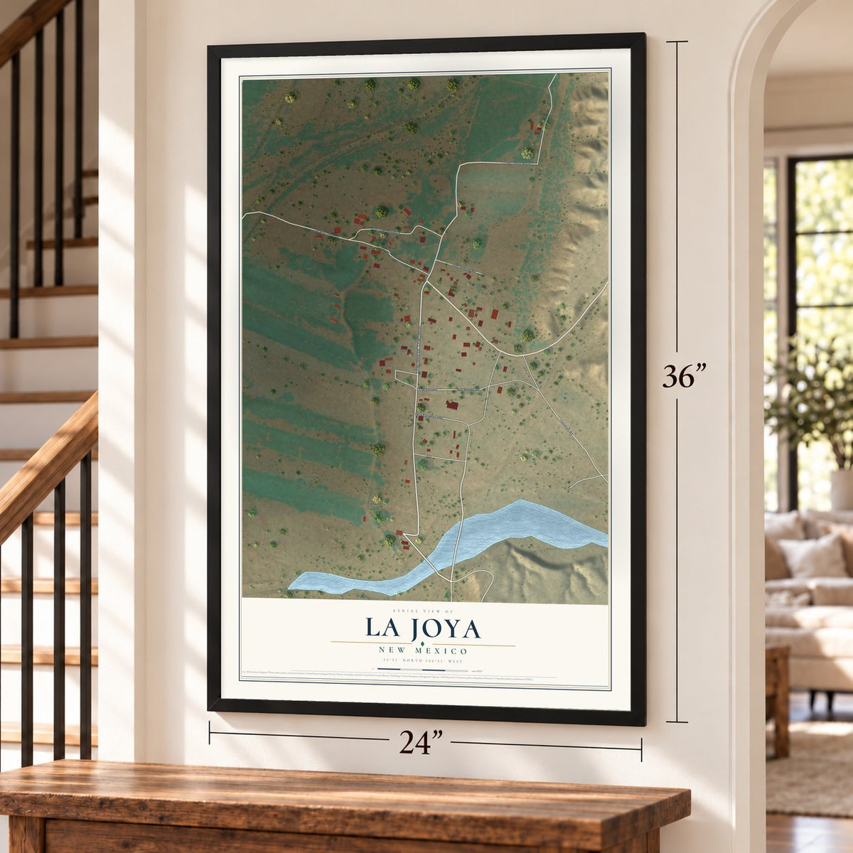 La Joya, New Mexico map, 24 x 36 inch print in a black frame by a staircase