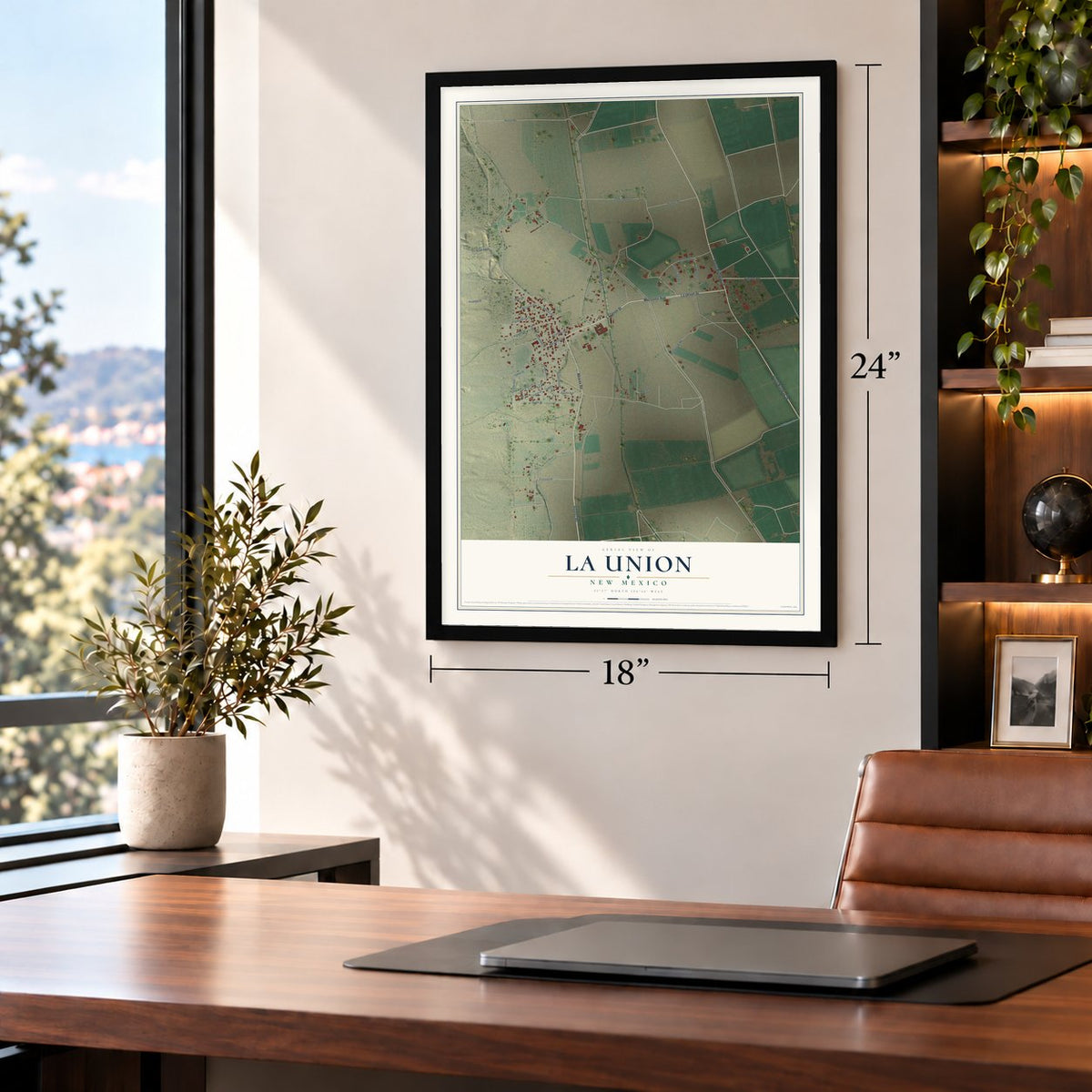 La Union, New Mexico map, 18 x 24 inch print in a black frame in a home office