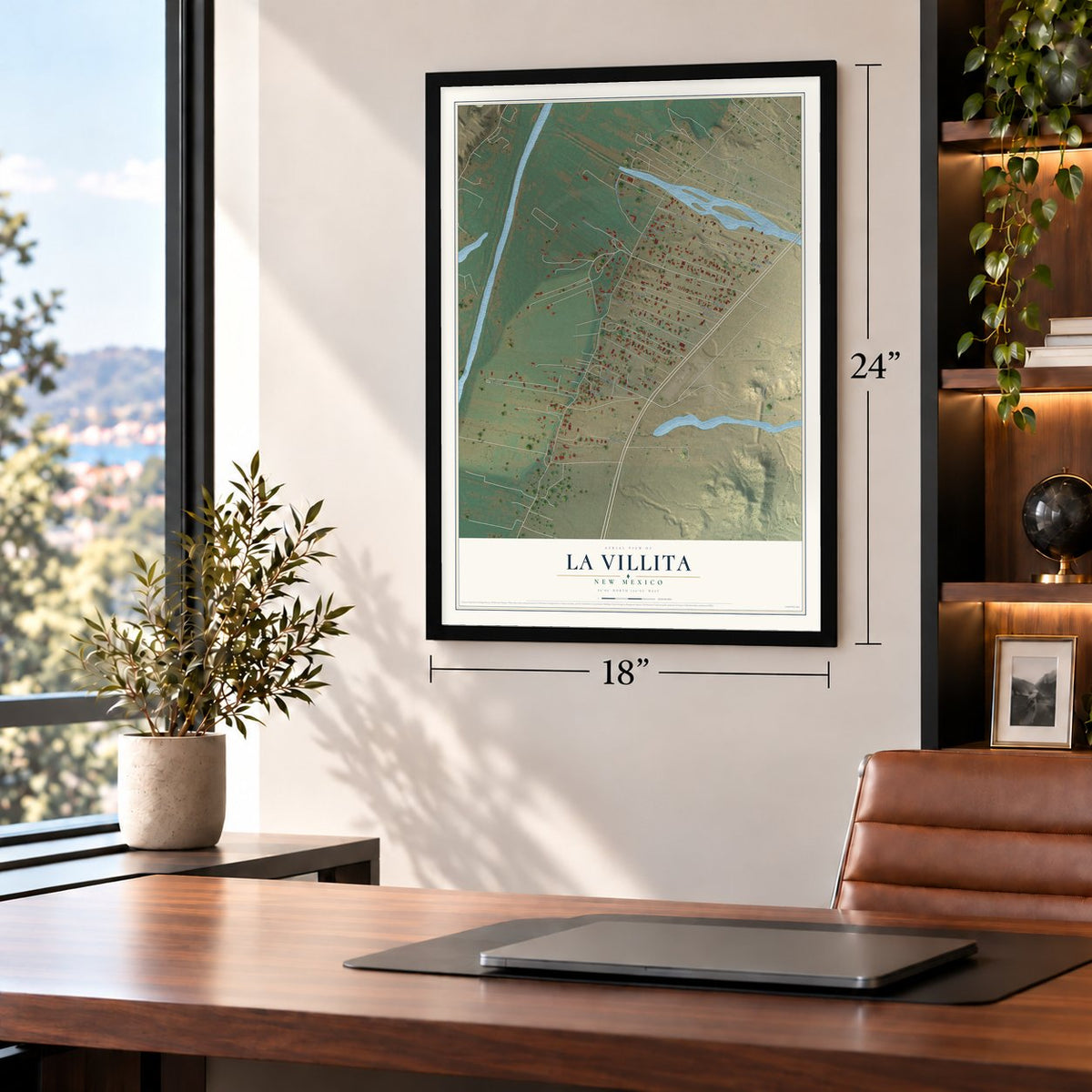 La Villita, New Mexico map, 18 x 24 inch print in a black frame in a home office