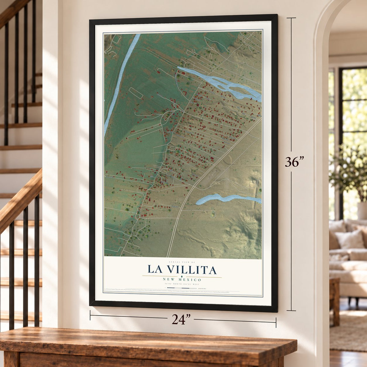 La Villita, New Mexico map, 24 x 36 inch print in a black frame by a staircase