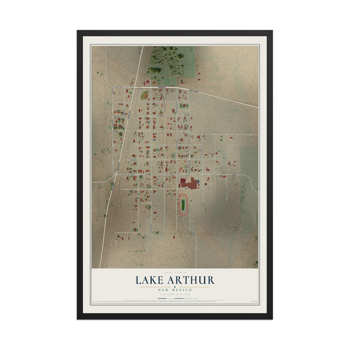 Map of Lake Arthur, New Mexico, 12 x 18 inch print in a black wood frame