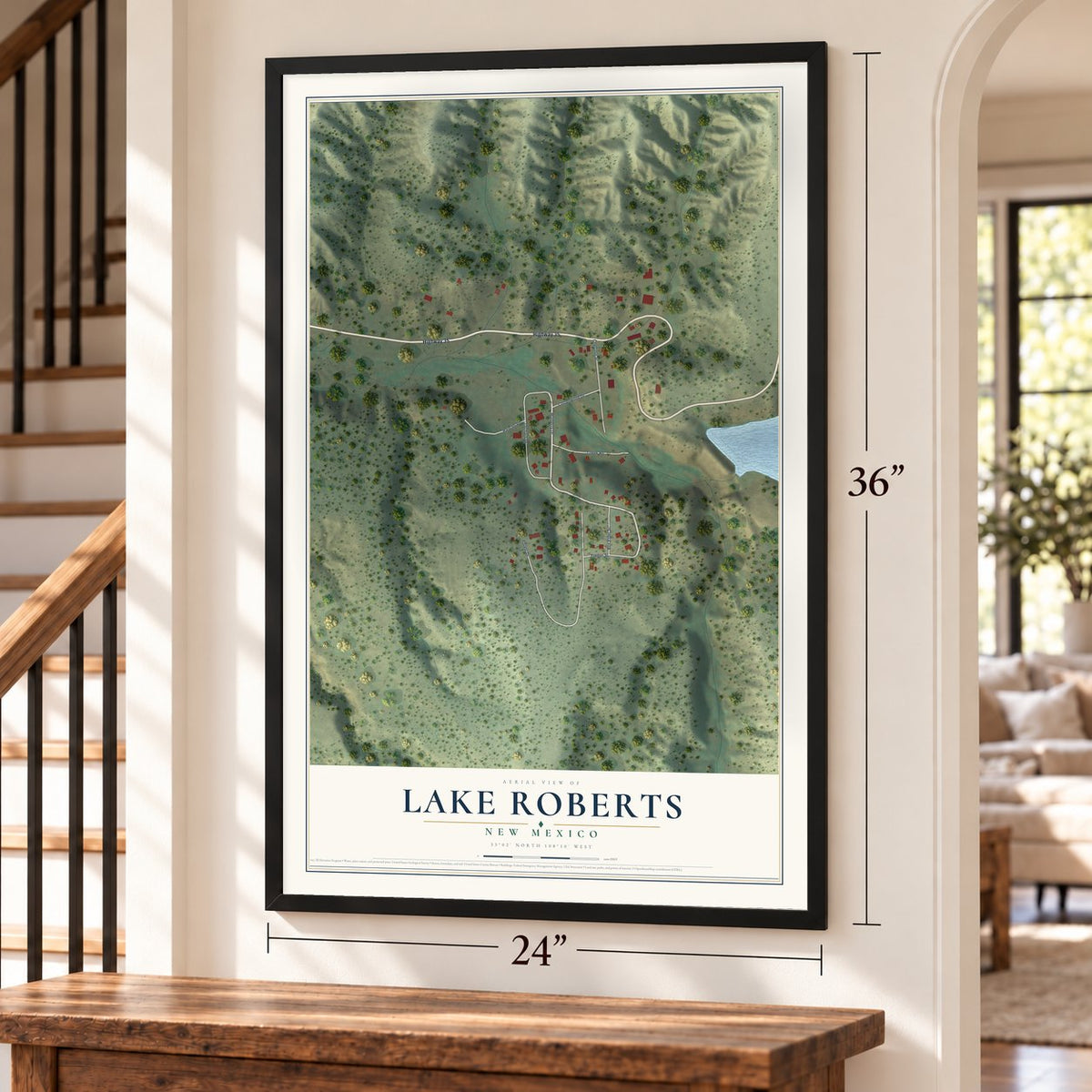Lake Roberts, New Mexico map, 24 x 36 inch print in a black frame by a staircase