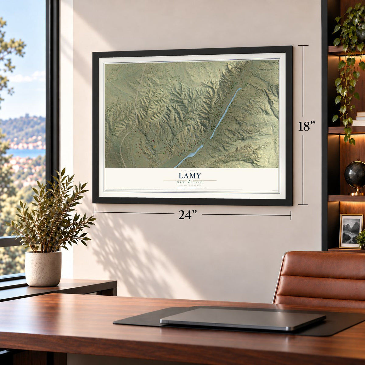 Lamy, New Mexico map, 18 x 24 inch print in a black frame in a home office