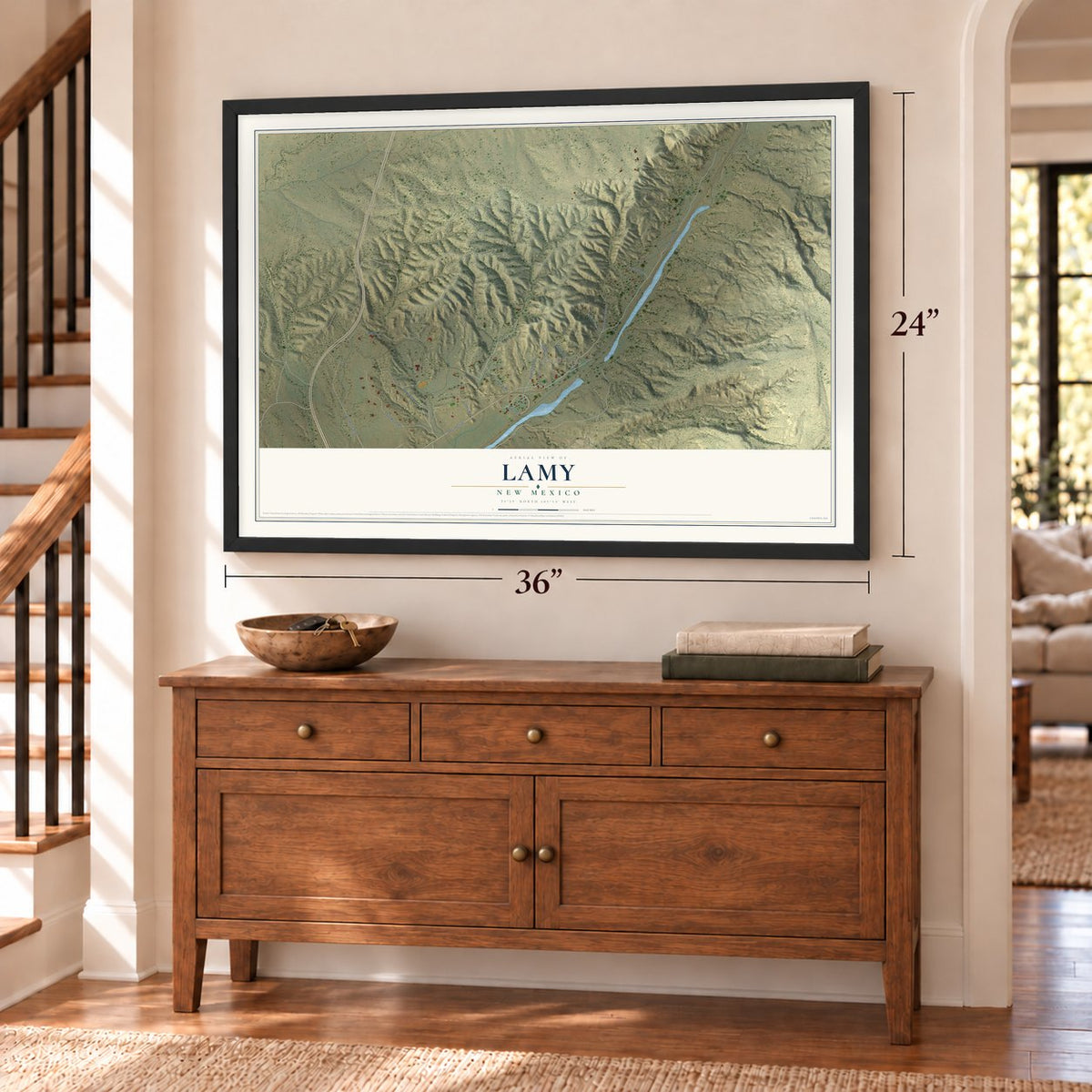 Lamy, New Mexico map, 24 x 36 inch print in a black frame above a dresser by a staircase
