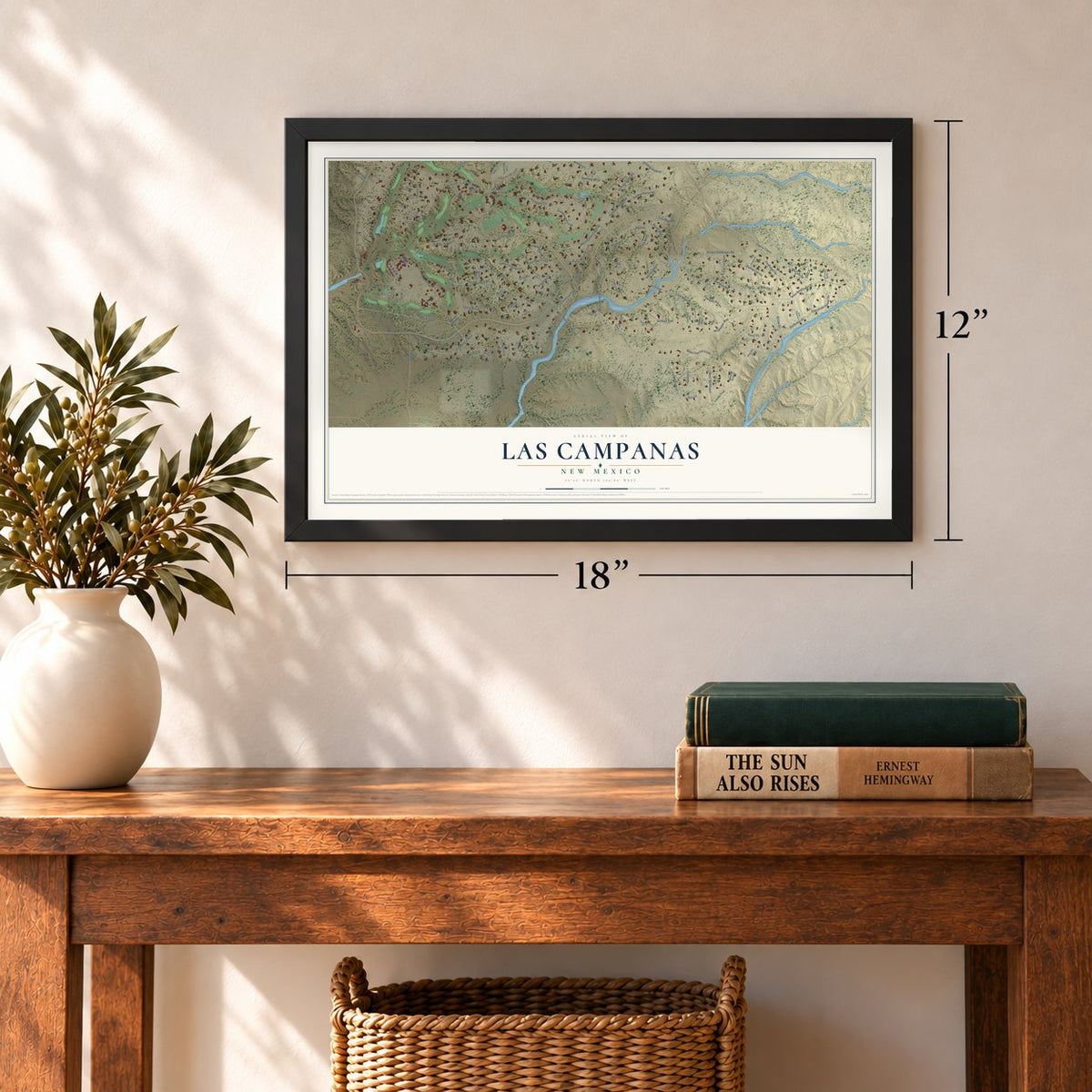 Las Campanas, New Mexico map, 12 x 18 inch print in a black frame in an entryway