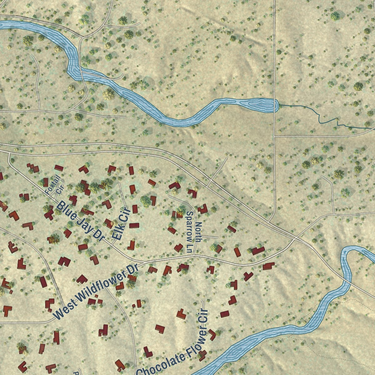 Close-up of the map of Las Campanas, New Mexico print showing street and building detail
