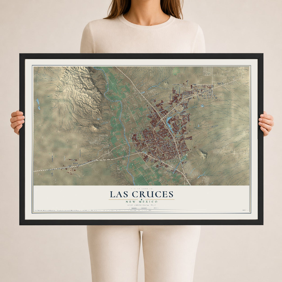 Map of Las Cruces, New Mexico, 24 x 36 inch print in a black wood frame