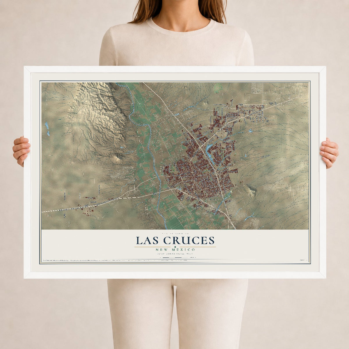 Map of Las Cruces, New Mexico, 24 x 36 inch print in a white wood frame