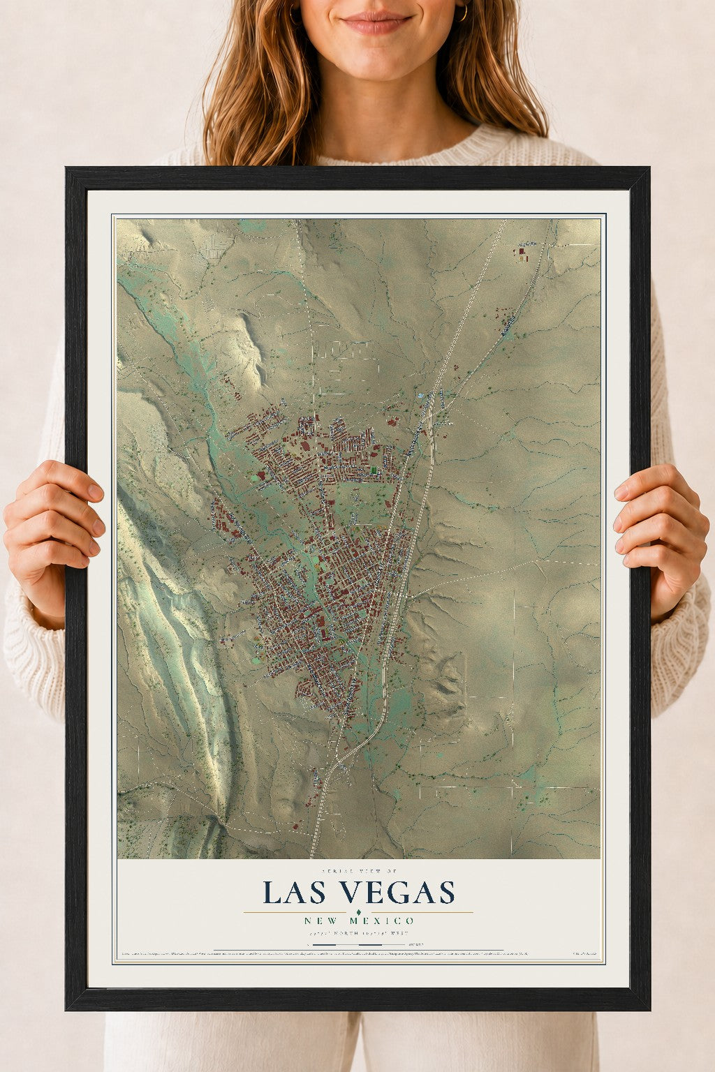 Map of Las Vegas, New Mexico, 18 x 24 inch print in a black wood frame