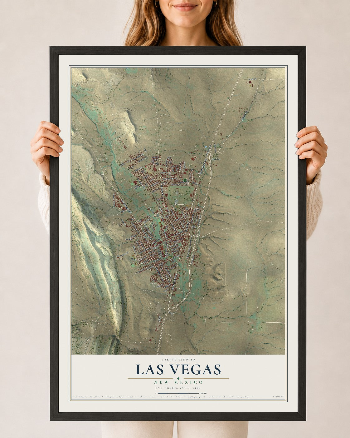 Map of Las Vegas, New Mexico, 24 x 36 inch print in a black wood frame