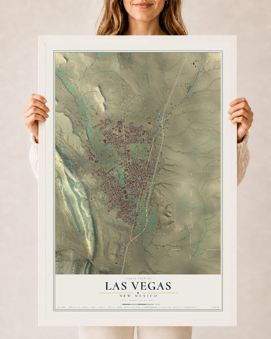 Map of Las Vegas, New Mexico, 24 x 36 inch print in a white wood frame