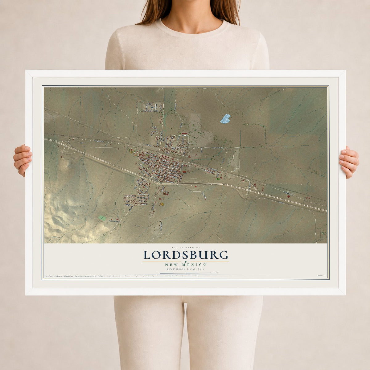 Map of Lordsburg, New Mexico, 24 x 36 inch print in a white wood frame