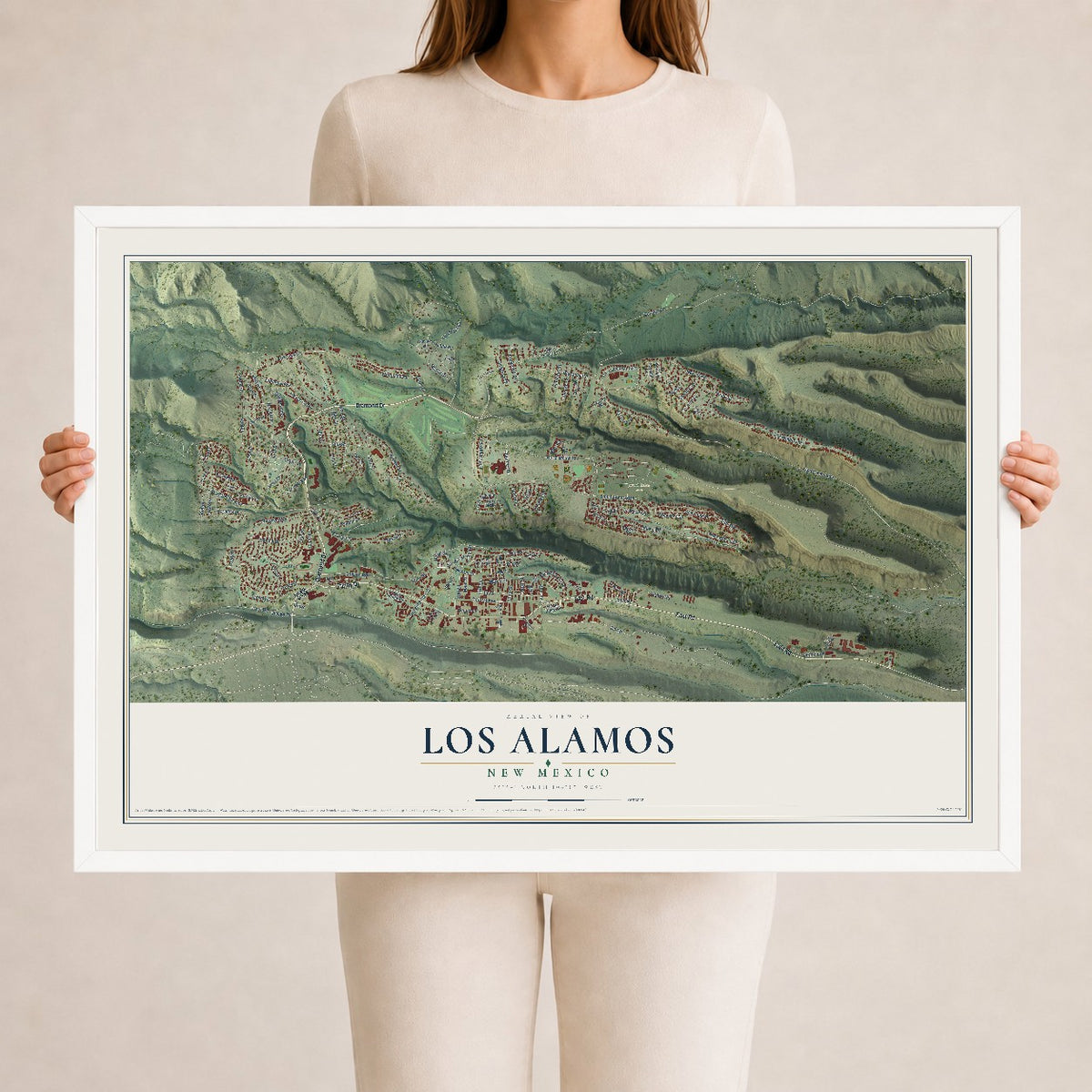 Map of Los Alamos, New Mexico, 24 x 36 inch print in a white wood frame