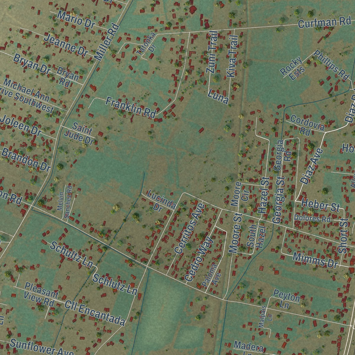 Close-up of the map of Los Chaves, New Mexico print showing street and building detail