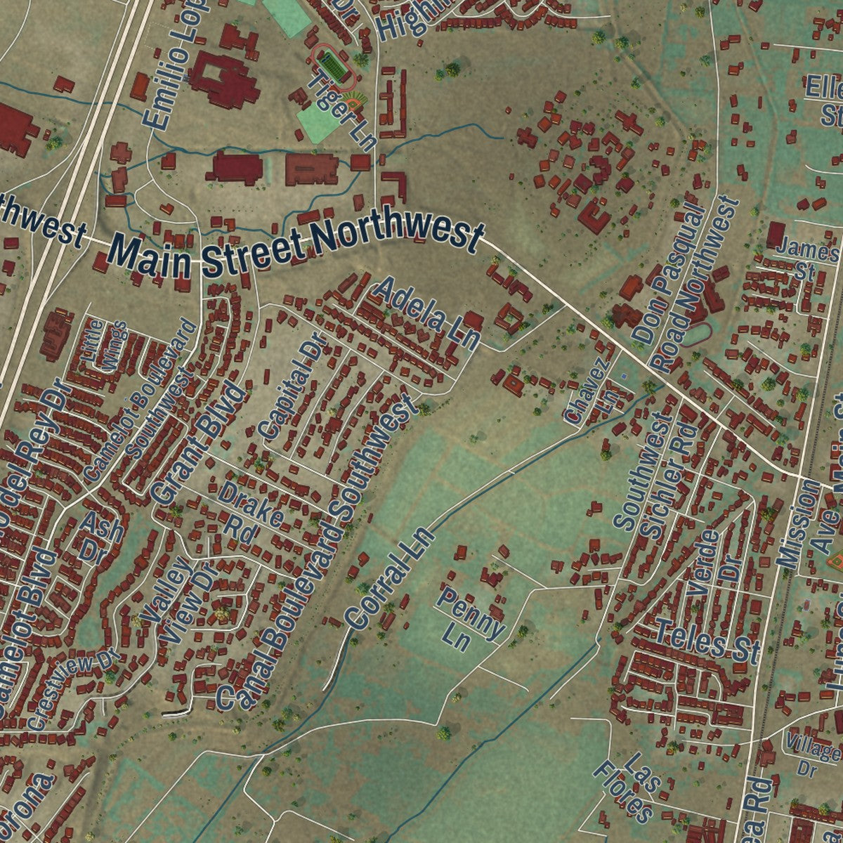 Close-up of the map of Los Lunas, New Mexico print showing street and building detail