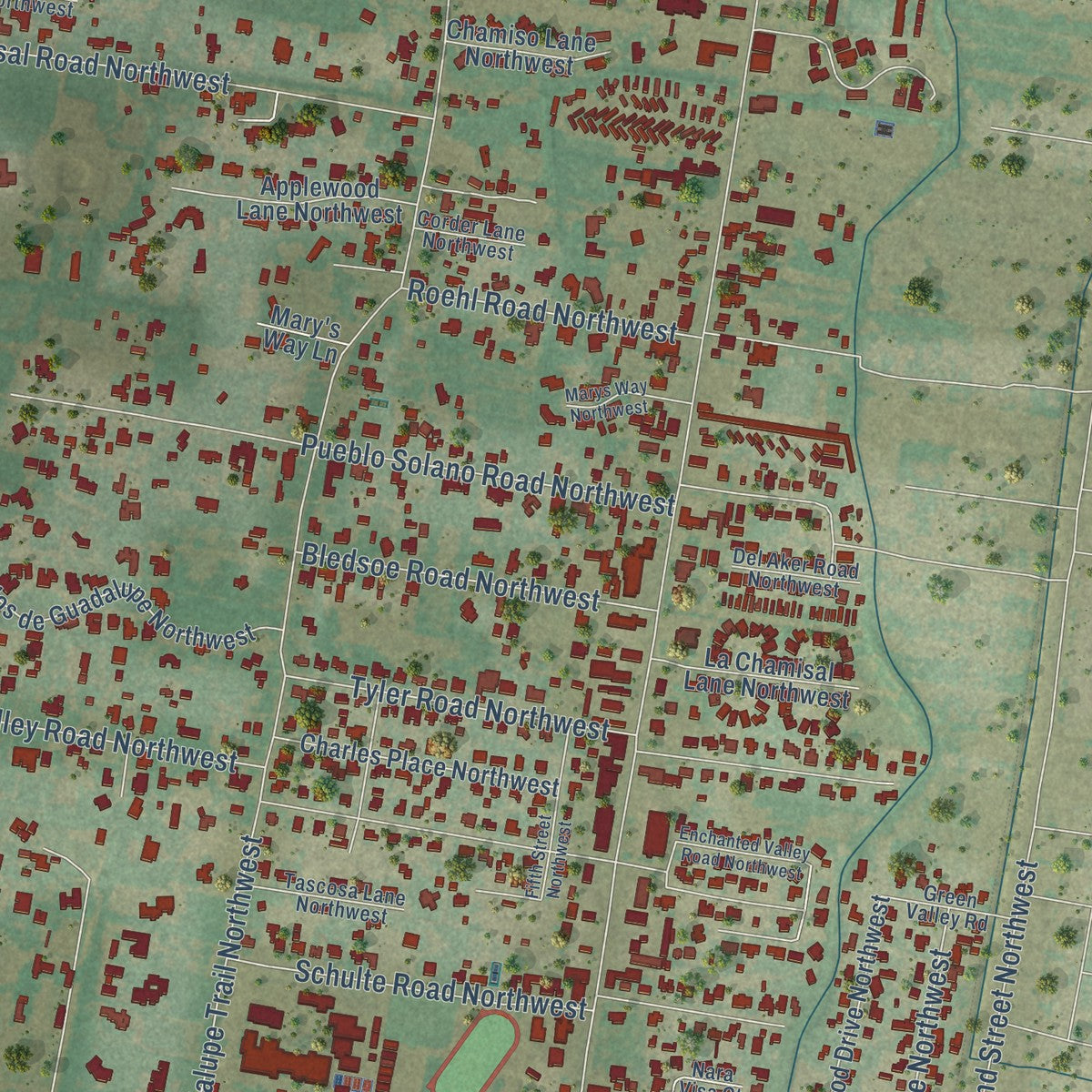 Close-up of the map of Los Ranchos de Albuquerque, New Mexico print showing street and building detail
