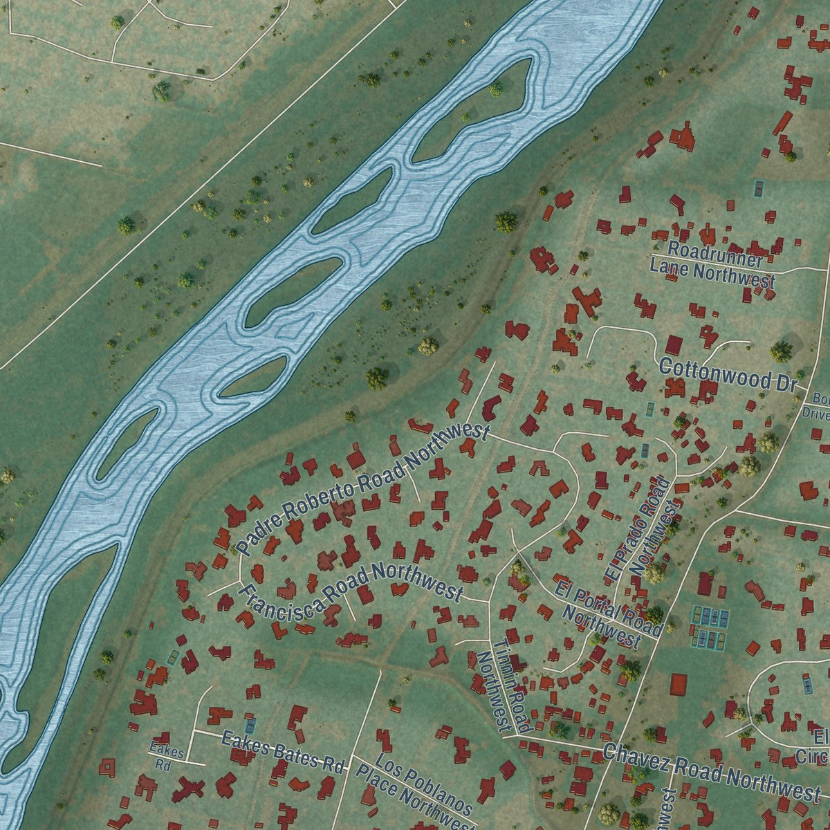 Second close-up of the map of Los Ranchos de Albuquerque, New Mexico print showing more streets and buildings