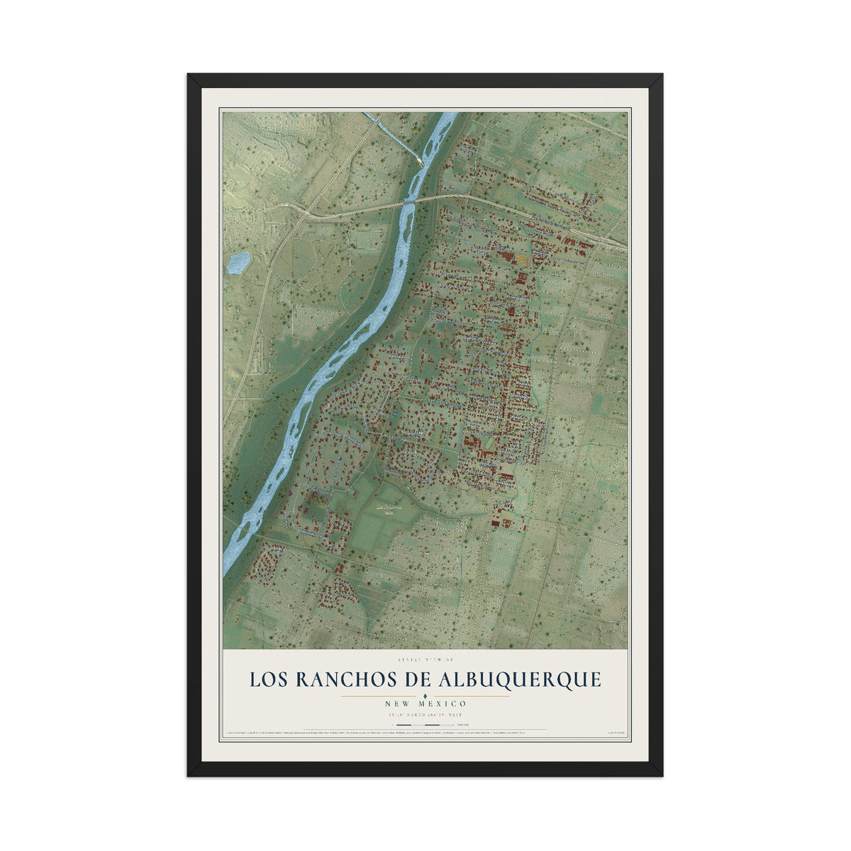 Map of Los Ranchos de Albuquerque, New Mexico, 12 x 18 inch print in a black wood frame