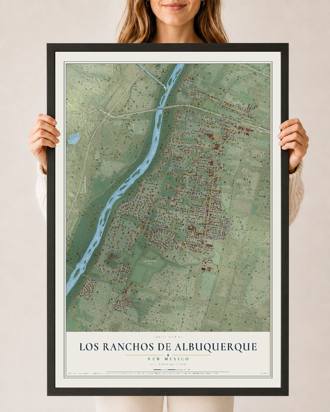 Map of Los Ranchos de Albuquerque, New Mexico, 24 x 36 inch print in a black wood frame