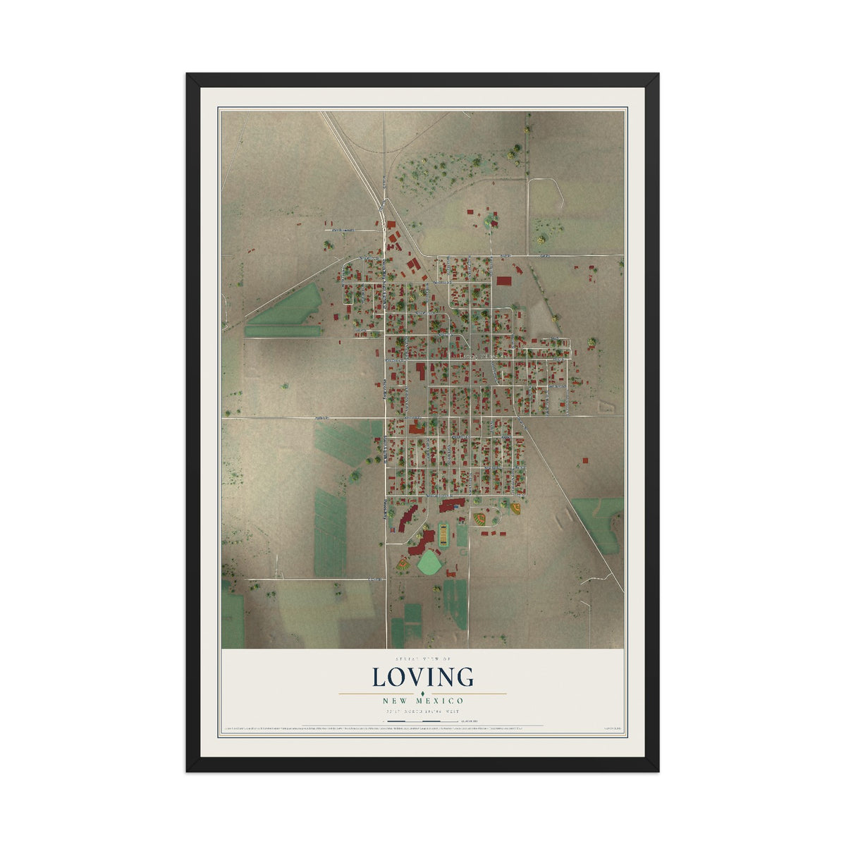 Map of Loving, New Mexico, 12 x 18 inch print in a black wood frame