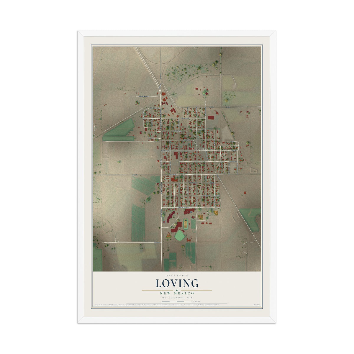 Map of Loving, New Mexico, 12 x 18 inch print in a white wood frame