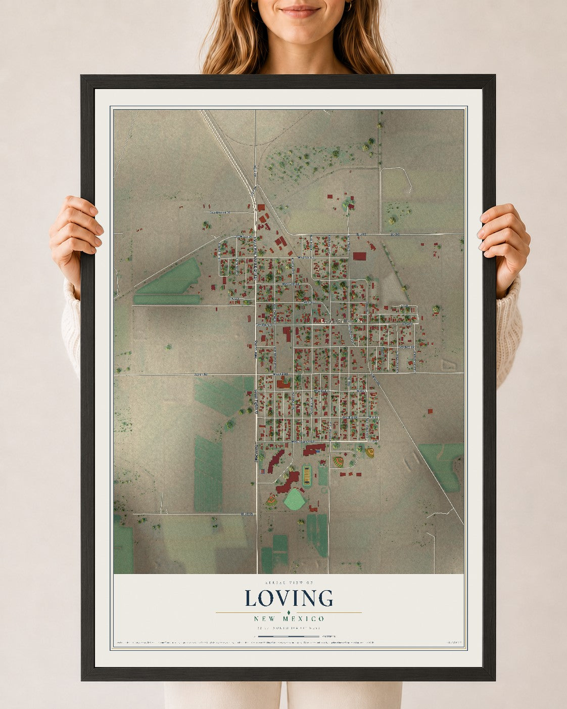 Map of Loving, New Mexico, 24 x 36 inch print in a black wood frame
