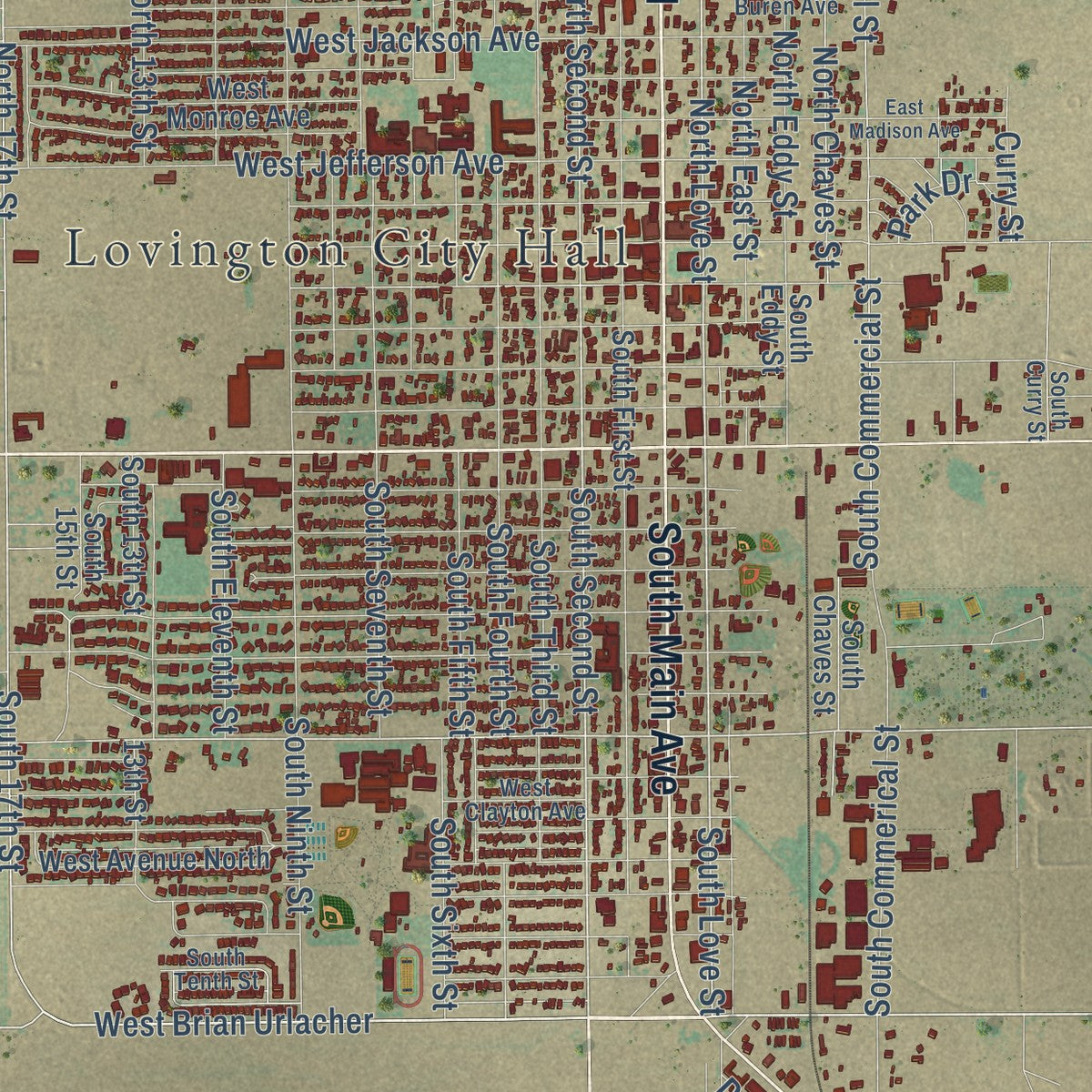 Close-up of the map of Lovington, New Mexico print showing street and building detail