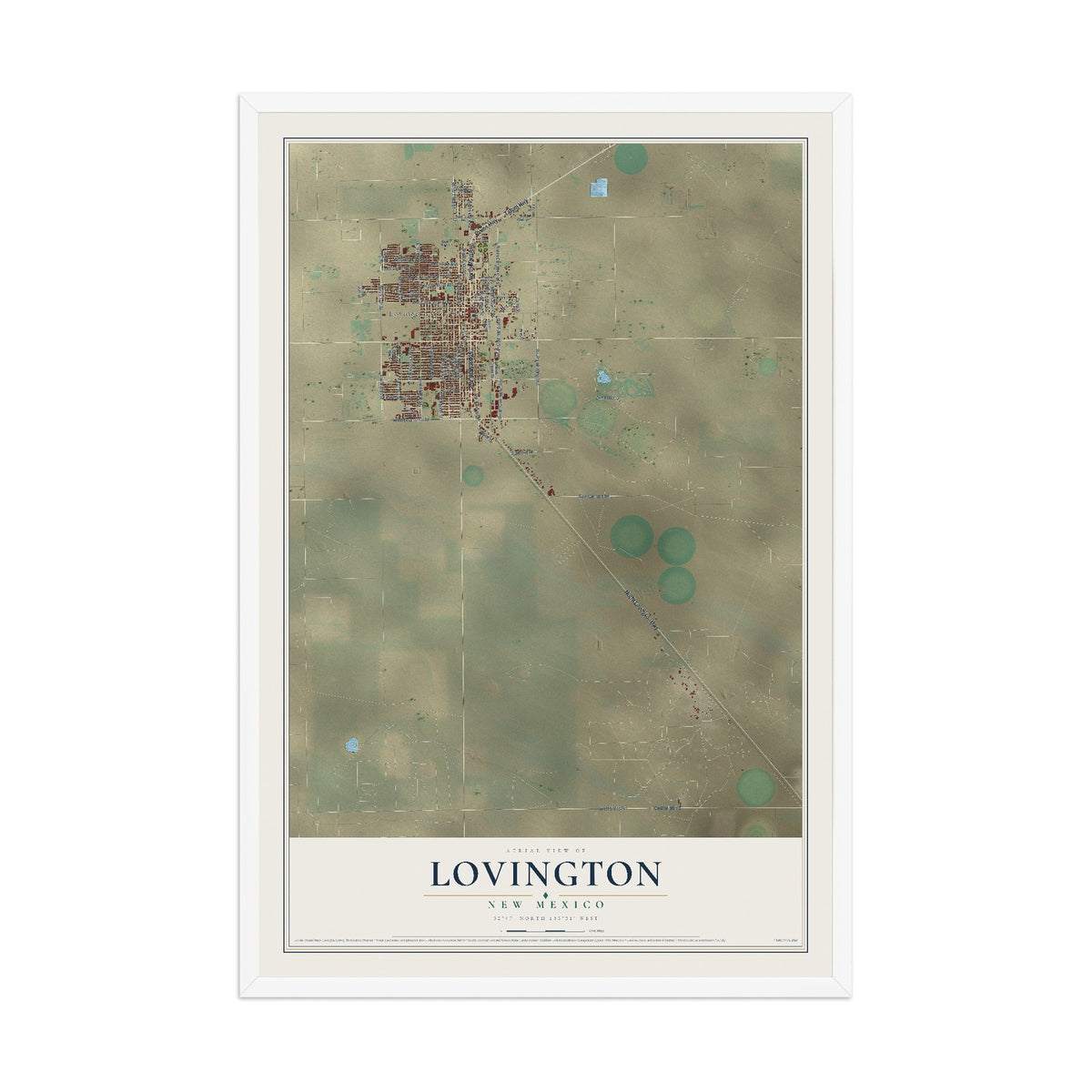 Map of Lovington, New Mexico, 12 x 18 inch print in a white wood frame
